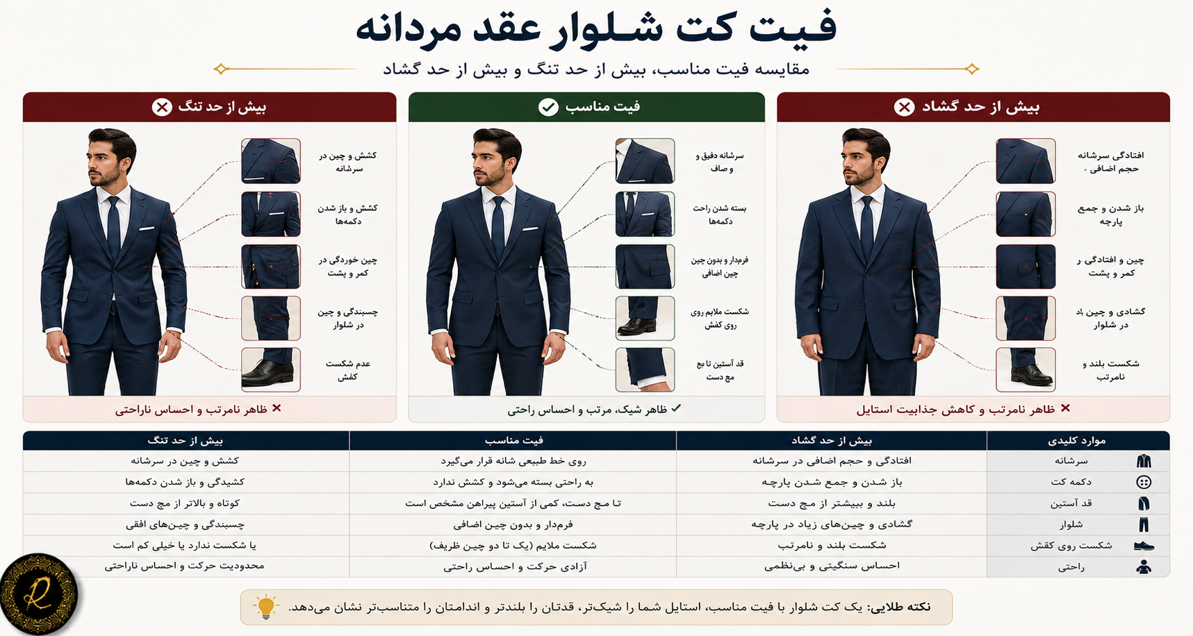 مقایسه کت شلوار عقد مردانه با فیت مناسب و فیت بیش از حد تنگ یا گشاد
