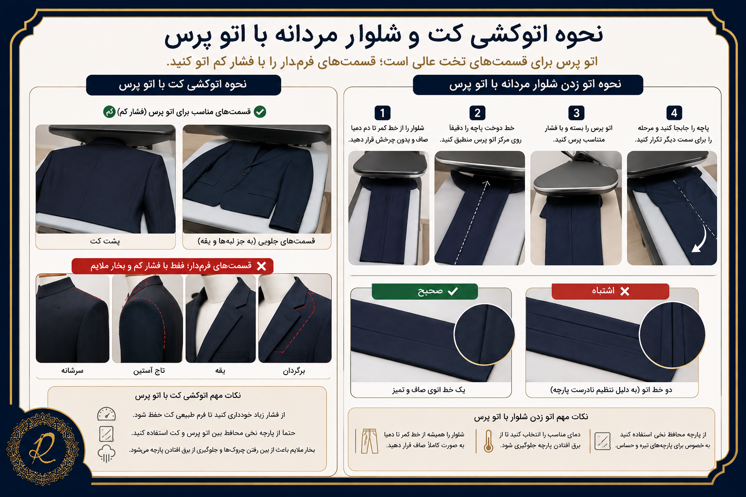 آموزش اتو کردن کت و شلوار مردانه؛ روش صحیح اتوکشی و خط اتو 4 نحوه اتوکشی کت با اتو پرس و اتو زدن شلوار مردانه با اتو پرس