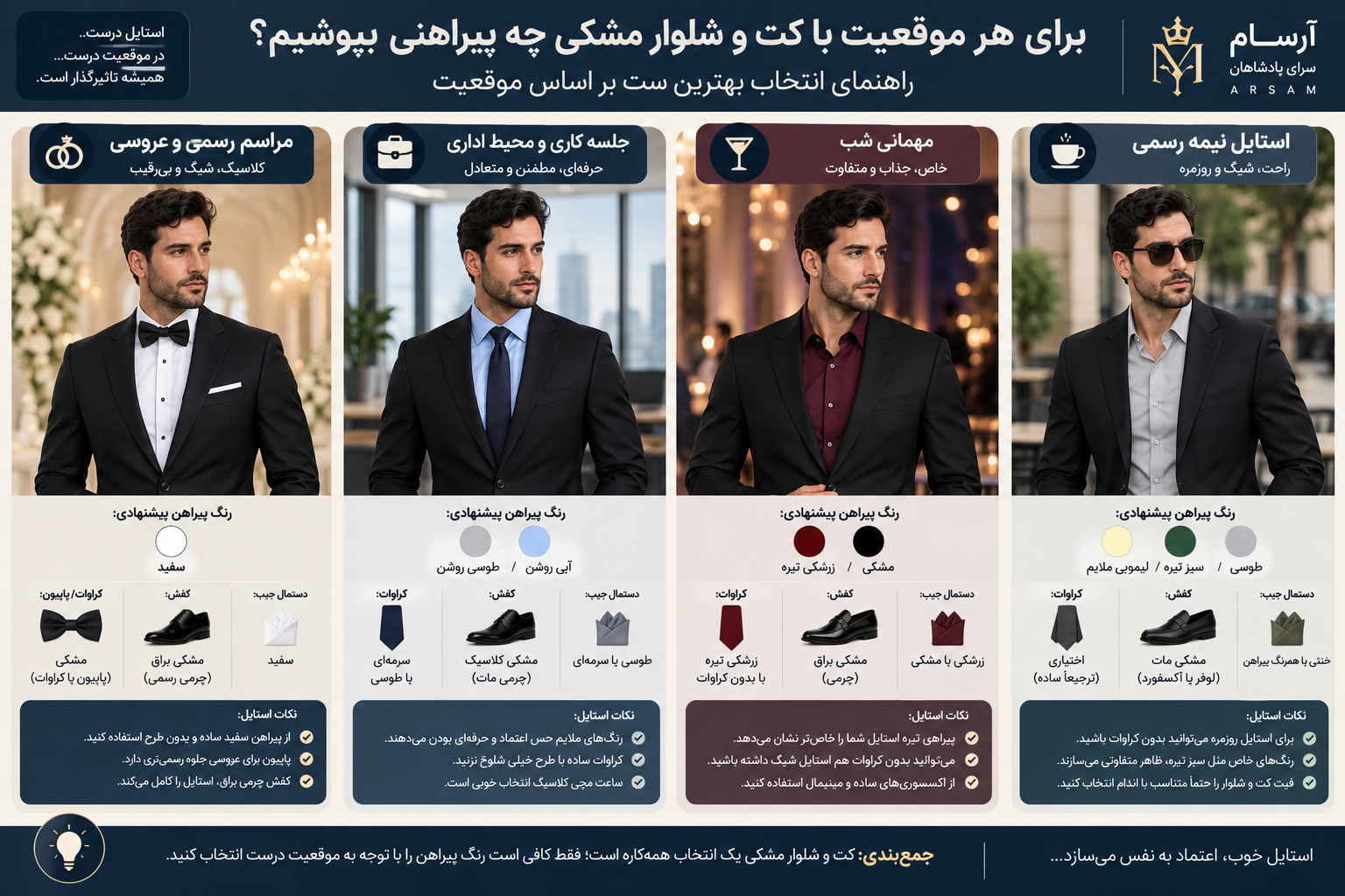راهنمای انتخاب پیراهن کت و شلوار مشکی برای عروسی، جلسه کاری، مهمانی شب و استایل نیمه رسمی