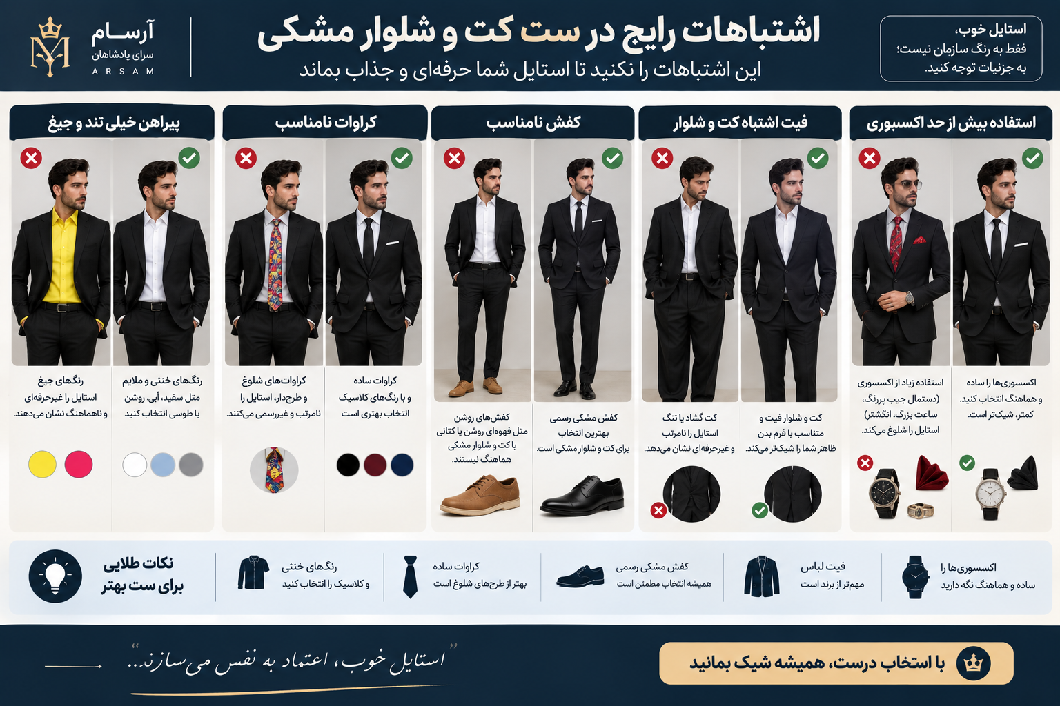 اشتباهات رایج در ست کت و شلوار مشکی شامل پیراهن خیلی تند، کراوات نامناسب، کفش روشن و فیت اشتباه