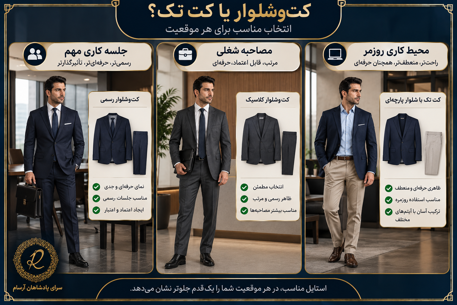 مقایسه تصویری کت‌وشلوار و کت تک برای جلسات رسمی، مصاحبه شغلی و محیط کار روزمره