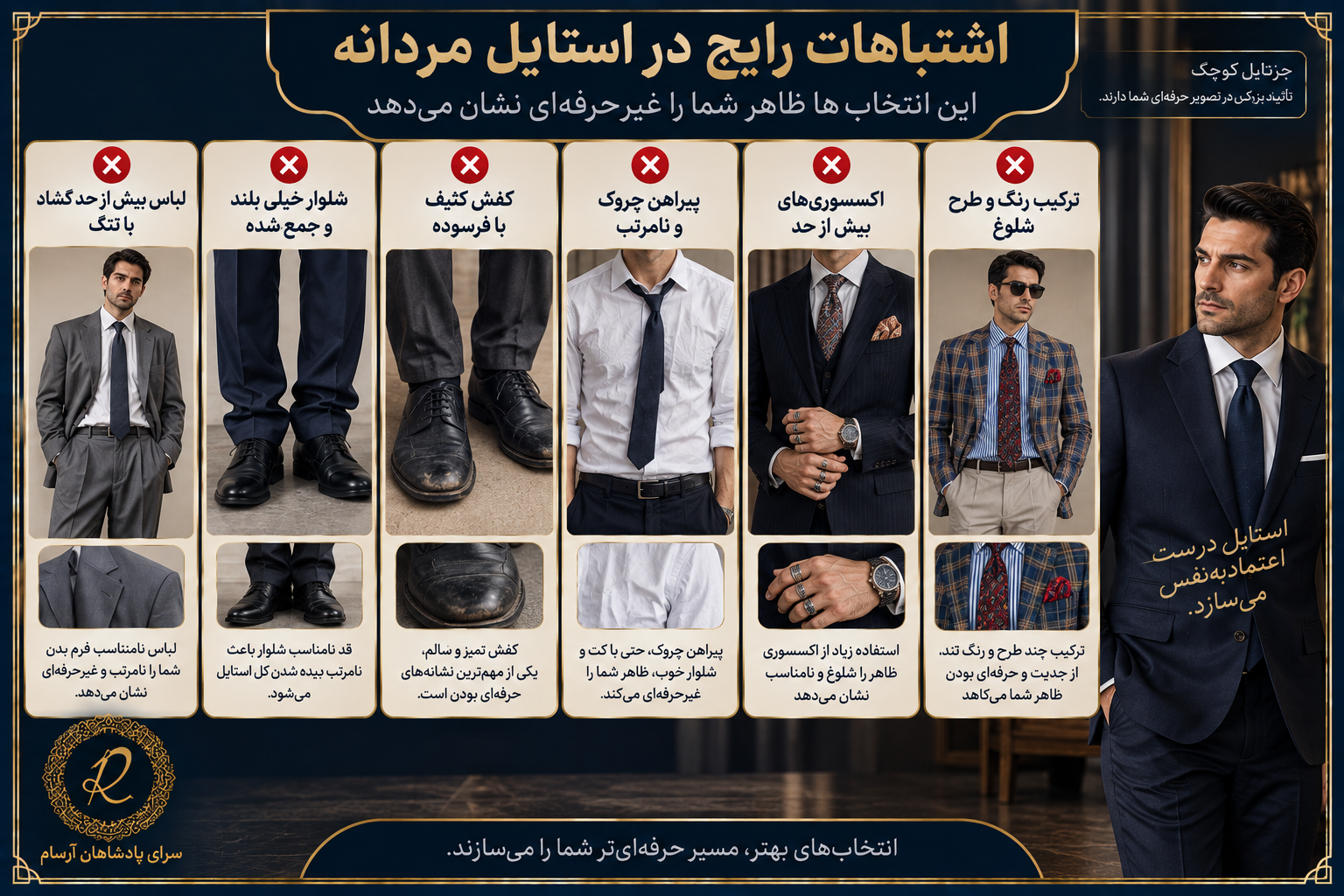 اینفوگرافیک اشتباهات رایج در لباس مردانه که ظاهر را غیرحرفه‌ای و نامرتب نشان می‌دهد