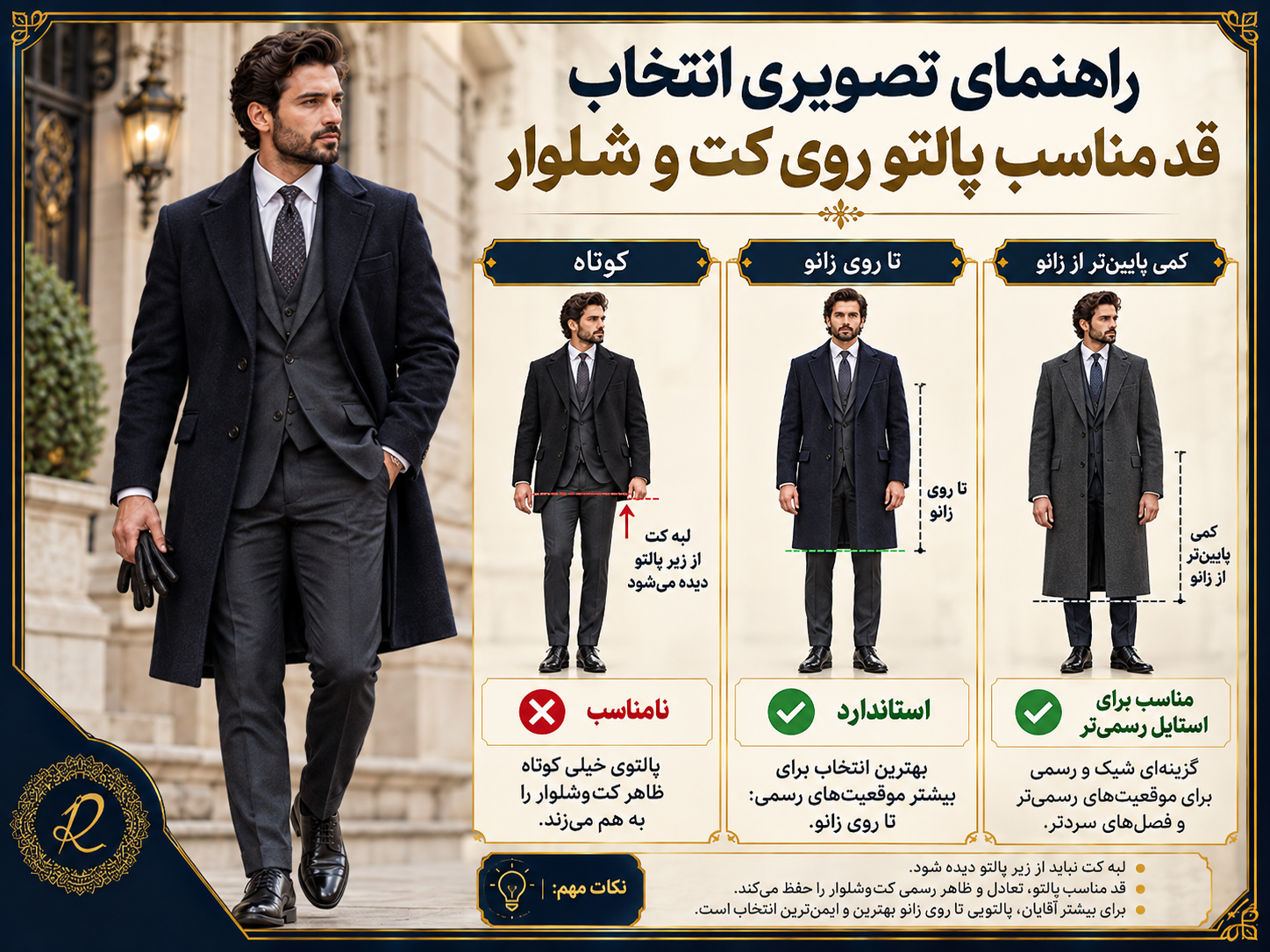 روی کت و شلوار چه پالتویی بپوشیم؟ راهنمای انتخاب رنگ، قد و مدل 2 مقایسه پالتوی کوتاه، تا زانو و بلند برای پوشیدن روی کت و شلوار مردانه
