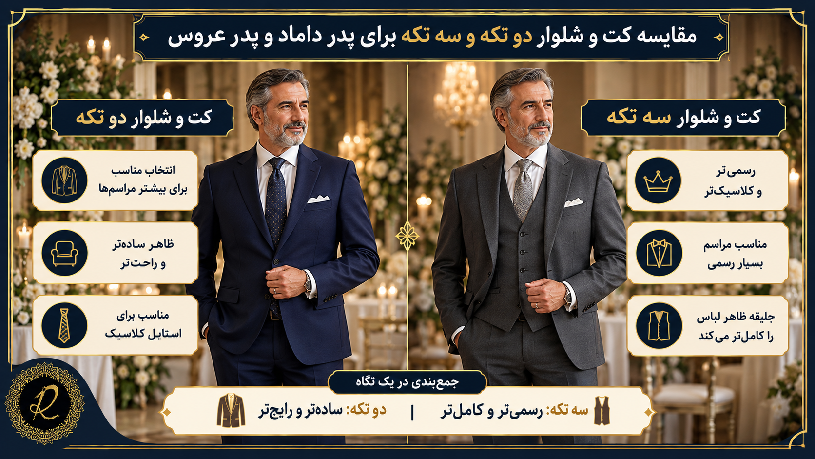 کت و شلوار مناسب پدر داماد و پدر عروس؛ راهنمای انتخاب رنگ و مدل 2 مقایسه کت و شلوار دو تکه و سه تکه برای پدر داماد و پدر عرو