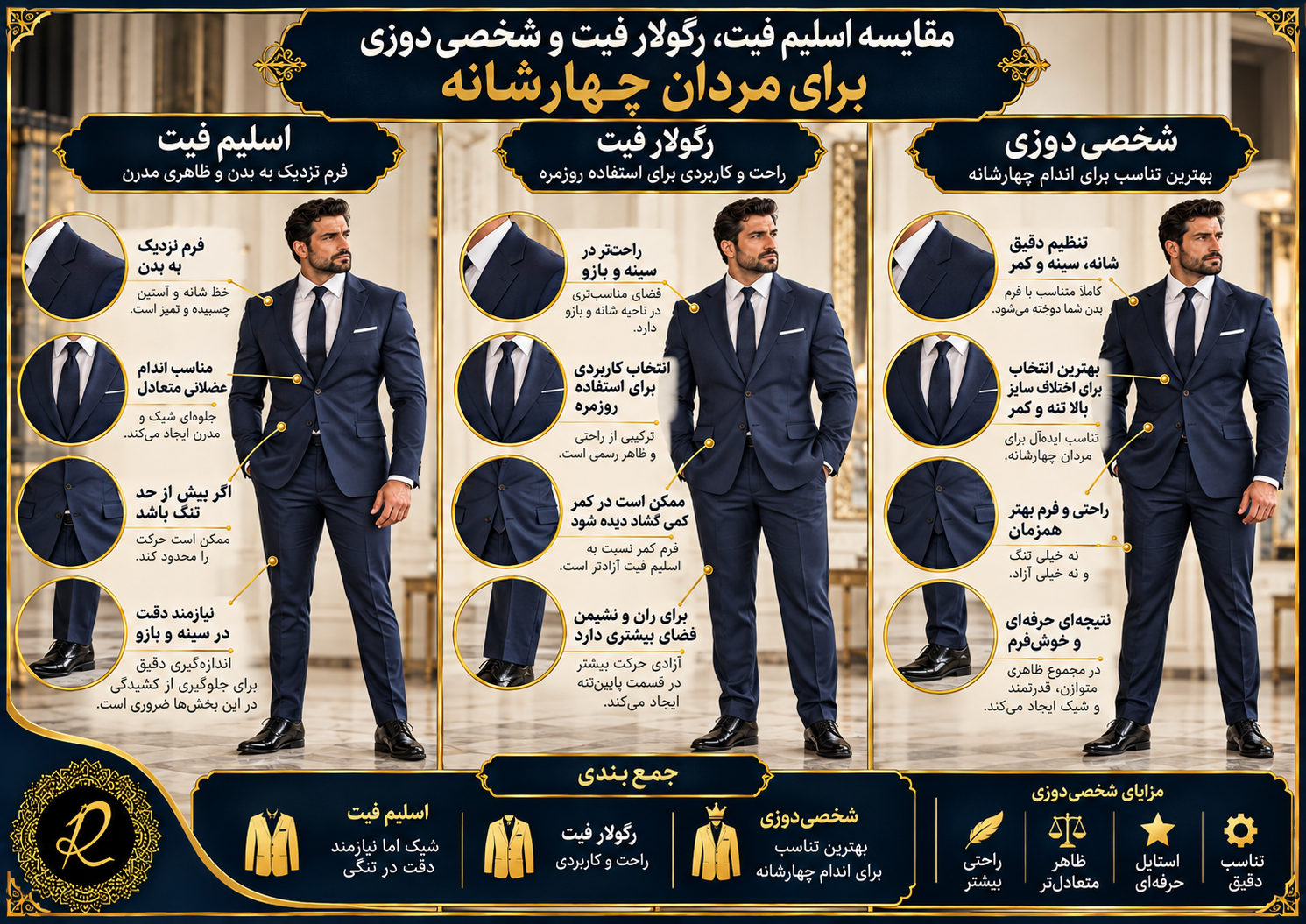 کت و شلوار مناسب اندام عضلانی و چهارشانه؛ انتخاب فیت، برش و پارچه 2 مقایسه اسلیم فیت، رگولار فیت و شخصی دوزی کت و شلوار برای اندام عضلانی