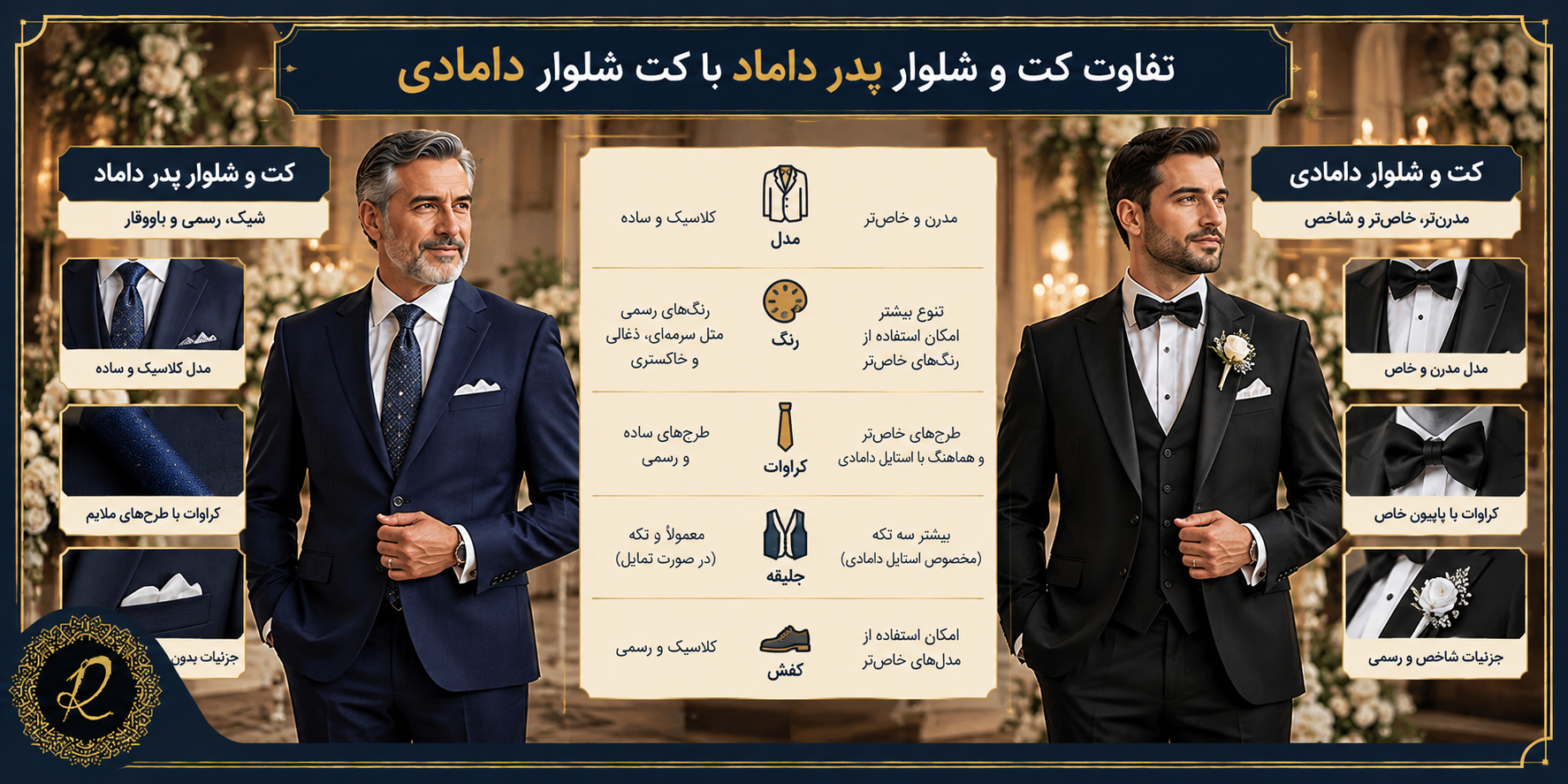 کت و شلوار مناسب پدر داماد و پدر عروس؛ راهنمای انتخاب رنگ و مدل 3 تفاوت استایل کت و شلوار پدر داماد با کت شلوار دامادی