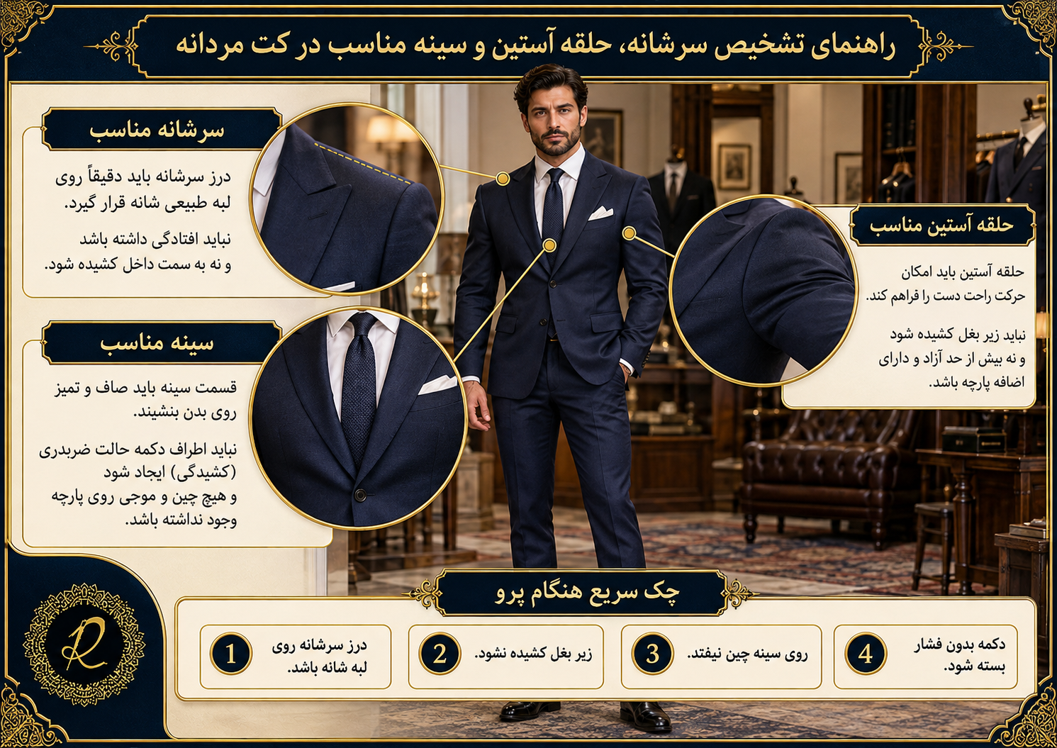 کت و شلوار مناسب اندام عضلانی و چهارشانه؛ انتخاب فیت، برش و پارچه 3 آموزش تشخیص اندازه مناسب سرشانه، سینه و حلقه آستین کت برای مردان عضلانی