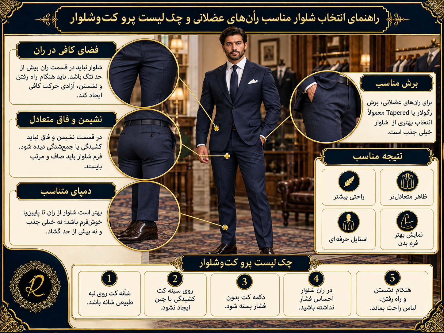 کت و شلوار مناسب اندام عضلانی و چهارشانه؛ انتخاب فیت، برش و پارچه 4 انتخاب شلوار مناسب برای ران عضلانی و چک لیست بررسی کت و شلوار هنگام پرو