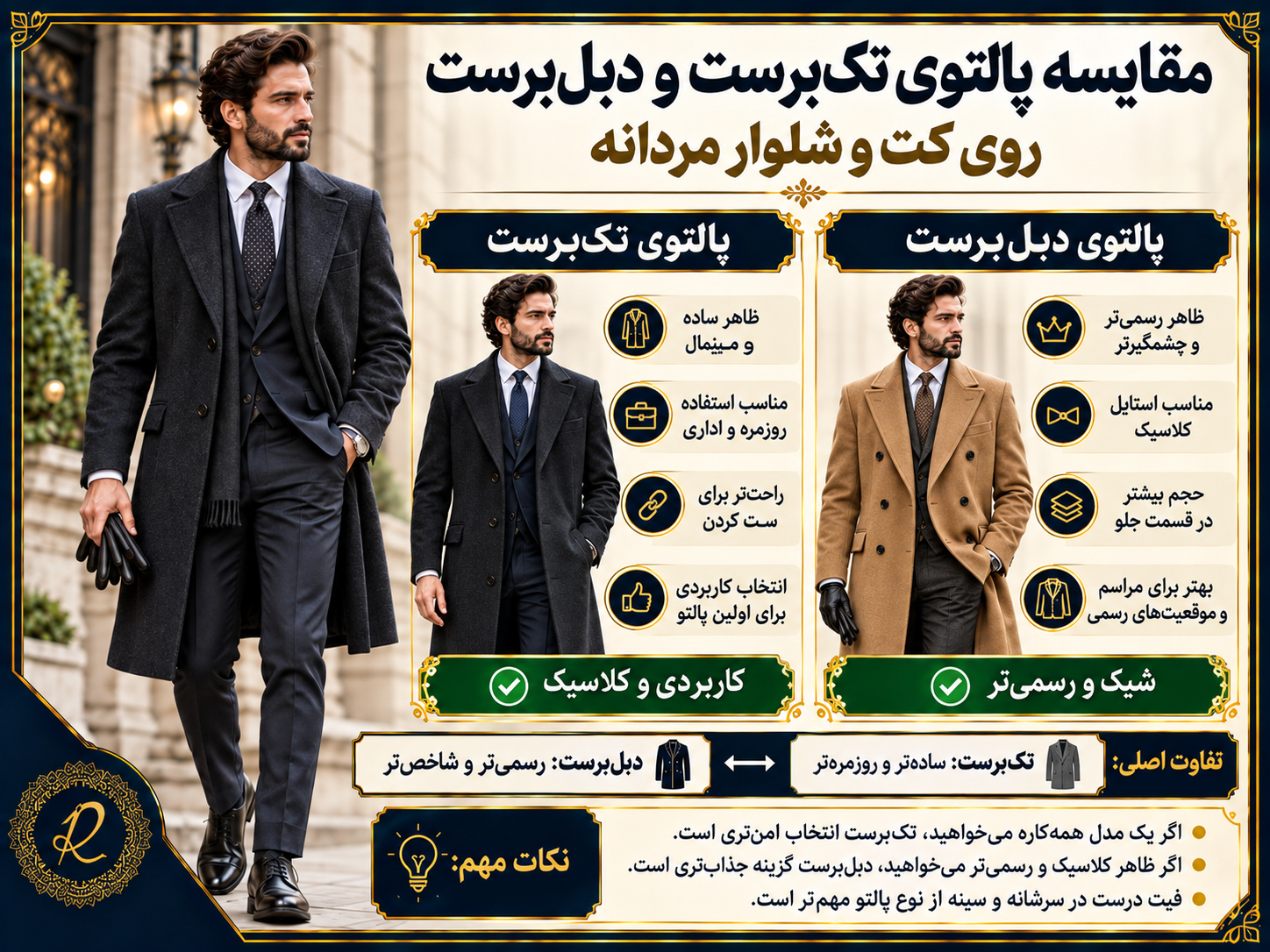 روی کت و شلوار چه پالتویی بپوشیم؟ راهنمای انتخاب رنگ، قد و مدل 3 تفاوت پالتو تکبرست و دبلبرست مردانه برای استایل اداری، رسمی و کلاسیک