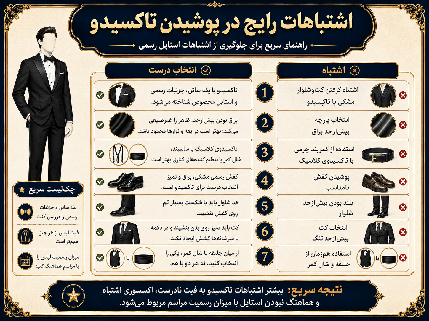 تاکسیدو چیست؟ تفاوت تاکسیدو با کتوشلوار و راهنمای انتخاب مدل دامادی 4 اینفوگرافیک اشتباهات رایج در انتخاب و پوشیدن تاکسیدو مانند کمربند نامناسب، کفش اشتباه و فیت نامناسب