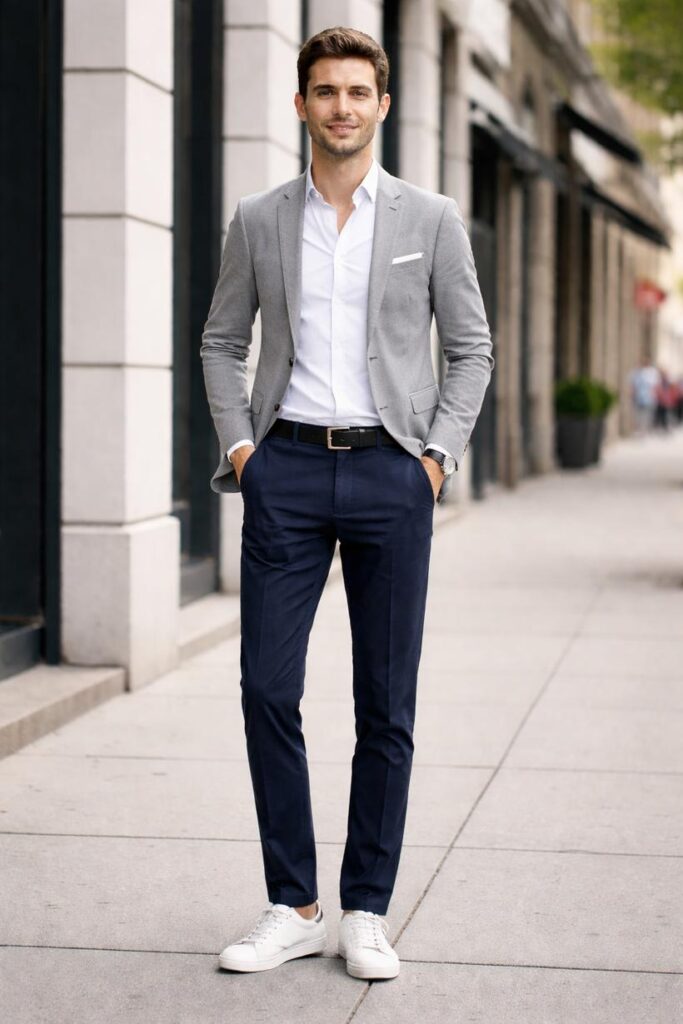 7 اصول لباس پوشیدن مردان لاغر 3 مرد لاغر با کت تک روی پیراهن ساده، بدون کراوات و با فیت تمیز، نمای نیمهرسمی