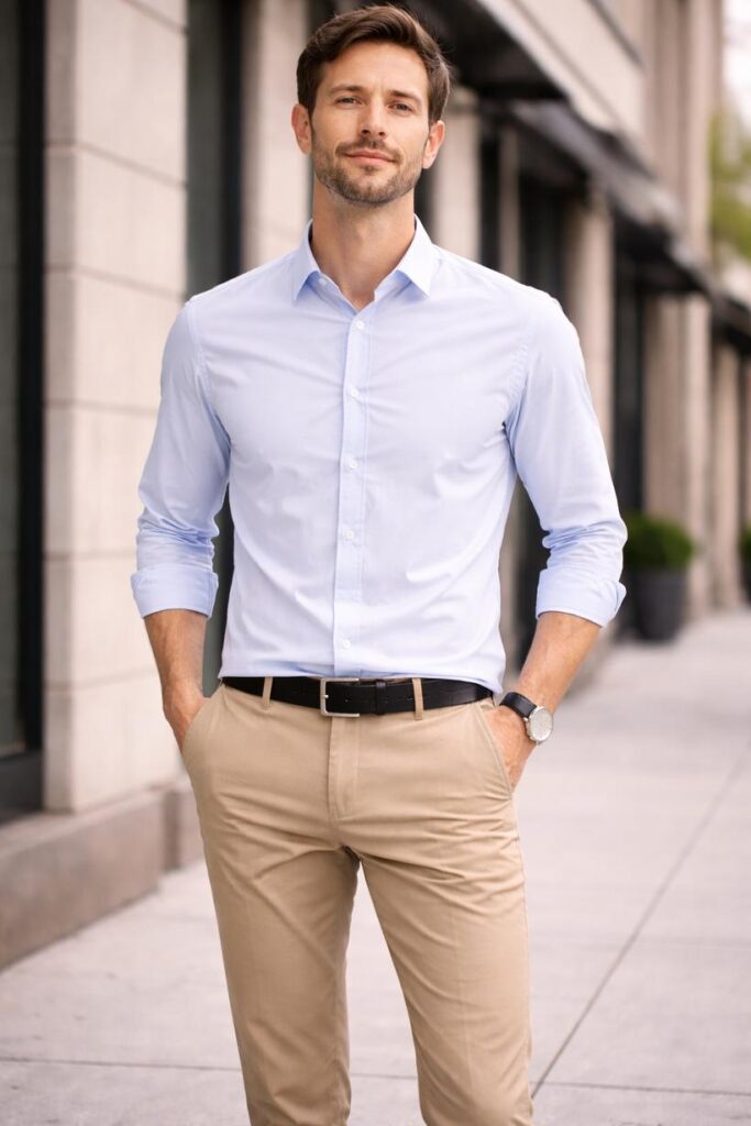 7 اصول لباس پوشیدن مردان لاغر 6 پیراهن با فیت استاندارد روی بدن مرد لاغر، نه تنگ و نه آزاد، با ایست درست روی سرشانه و سینه