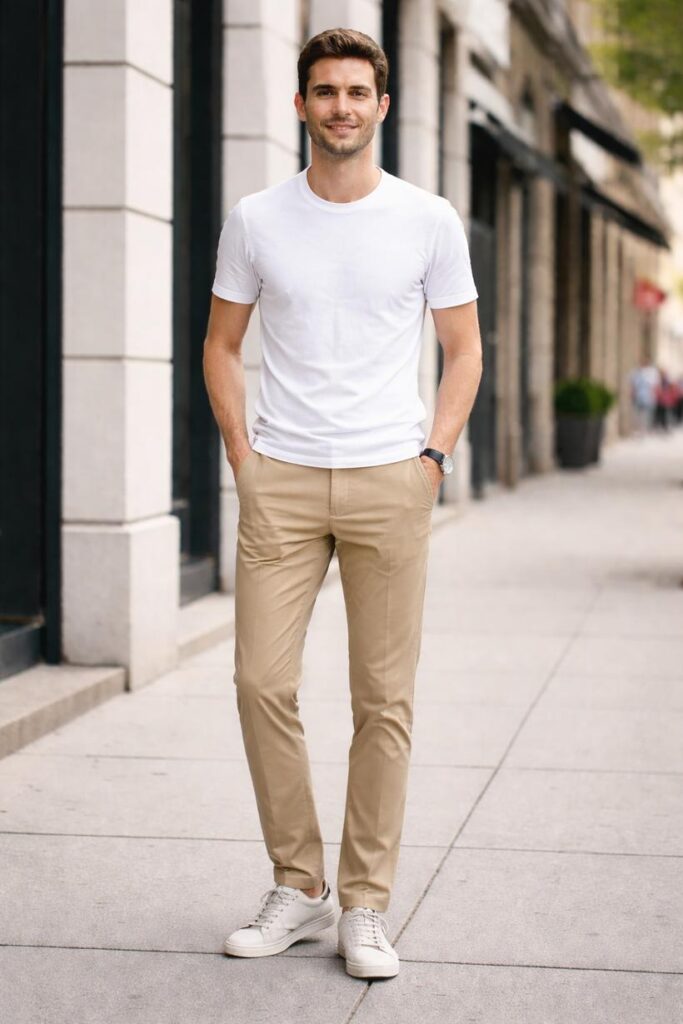 7 اصول لباس پوشیدن مردان لاغر 4 مرد لاغر با تیشرت ساده، شلوار کتان راسته و کفش روزمره در استایل کژوال
