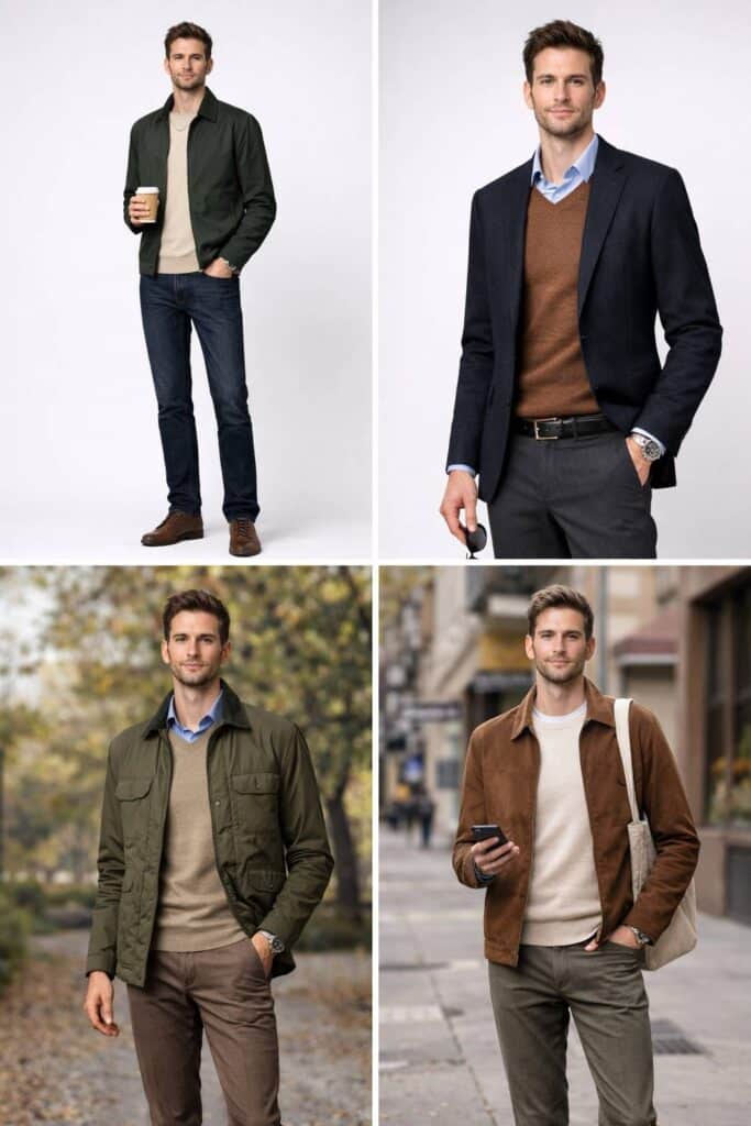 7 اصول لباس پوشیدن مردان لاغر 8 کلاژ چهار استایل پاییزی مردانه شامل تیپ کامل، لایهسازی، رنگهای پاییزی و استایل خیابانی