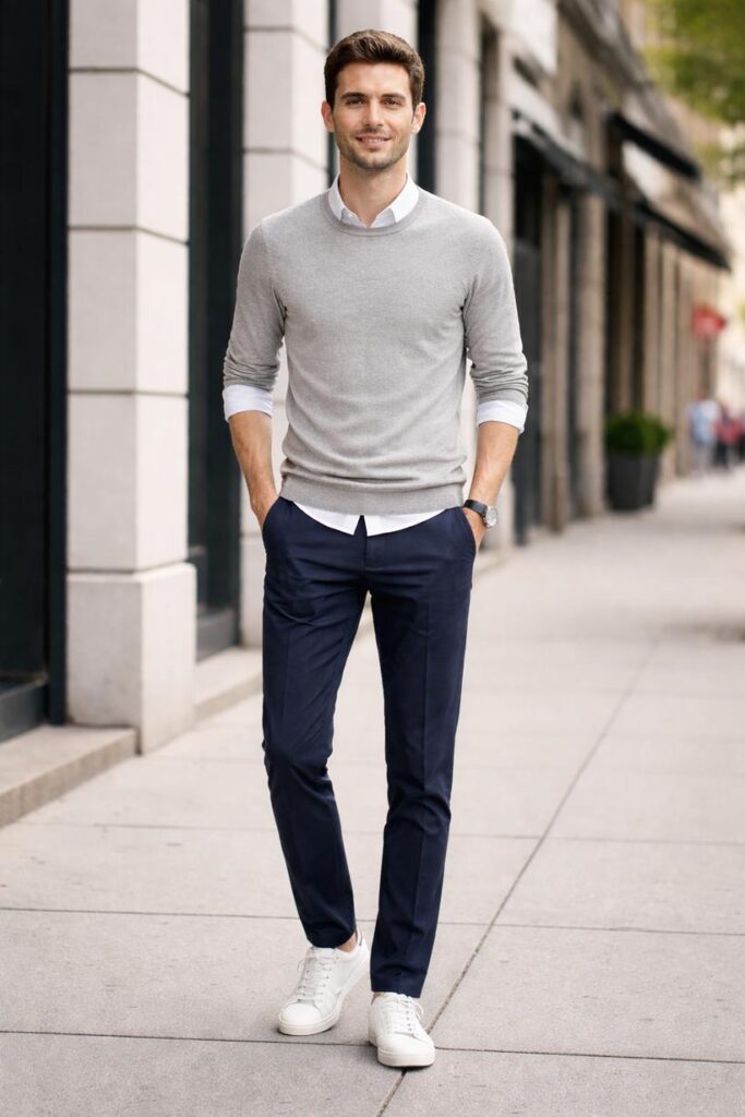 7 اصول لباس پوشیدن مردان لاغر 2 مرد لاغر با پیراهن ساده، پلیور نازک و شلوار ساده با فیت متعادل، نمای تمامقد