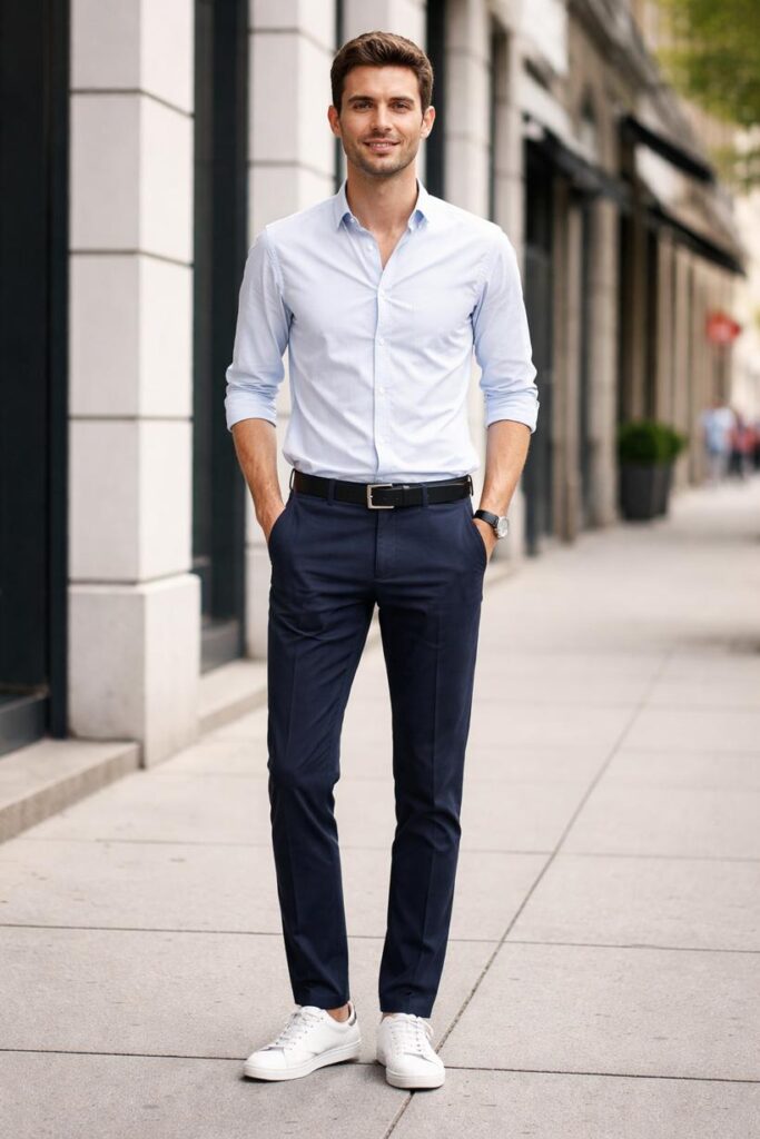 7 اصول لباس پوشیدن مردان لاغر 1 مرد لاغر با پیراهن ساده روشن و شلوار راسته تیره با فیت استاندارد، نمای تمامقد