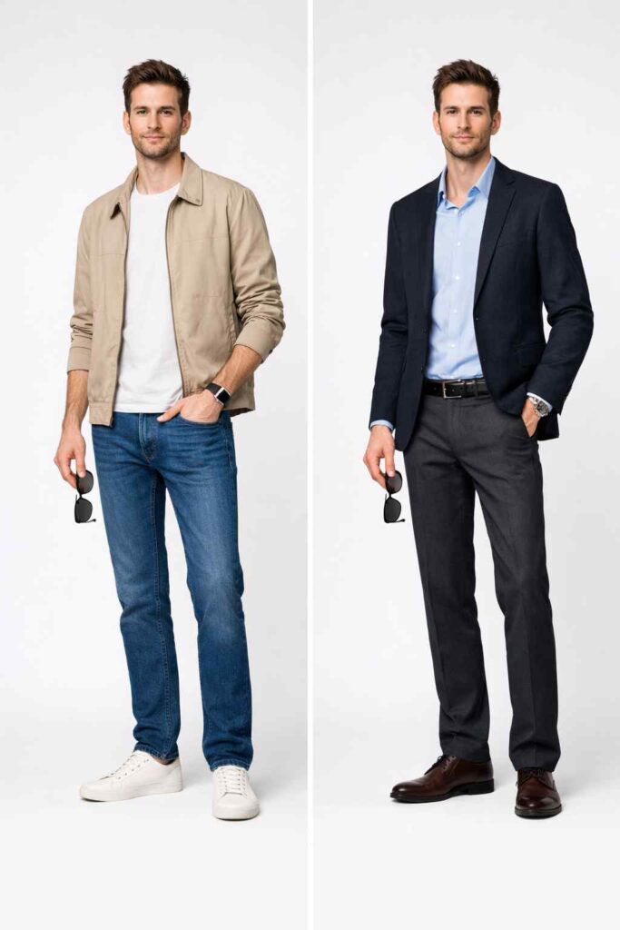 7 اصول لباس پوشیدن مردان لاغر 7 مرد قد بلند و لاغر با استایل روزمره و نیمهرسمی، ایستاده در نمای تمامقد برای نمایش تناسب لباس روی بدن