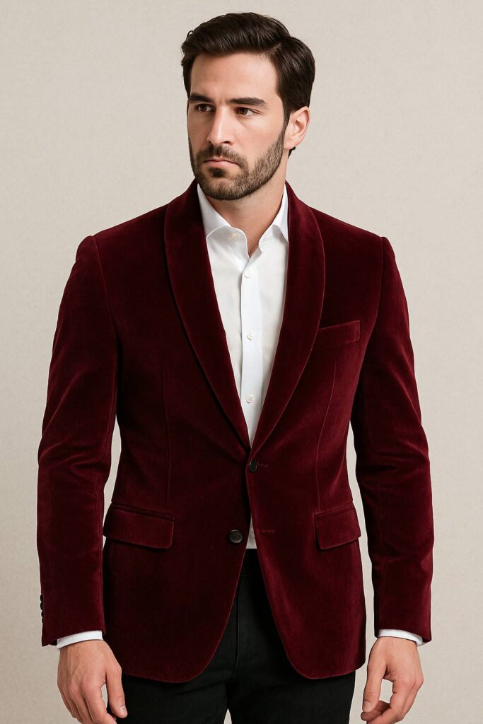 12 مورد از انواع کت تک مردانه که باید داشته باشید 15 کت مخمل مردانه زرشکی با یقه شال