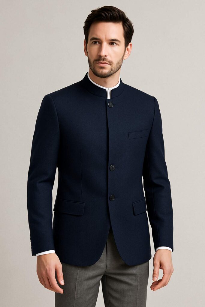 12 مورد از انواع کت تک مردانه که باید داشته باشید 1 کت یقه دیپلمات مردانه (کت بدون یقه)