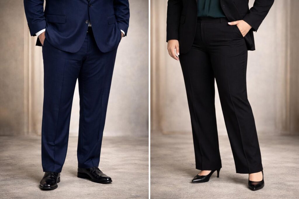 راهنمای کامل لباس پوشیدن افراد چاق 2 مدل شلوار مناسب افراد سایز بزرگ با فاق استاندارد و فرم راسته