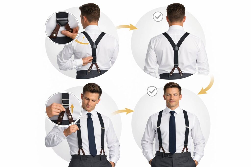 ساسبند چیست؟ آموزش استفاده صحیح از ساسبند (Suspender) 1 مراحل صحیح بستن و تنظیم ساسبند روی شلوار رسمی