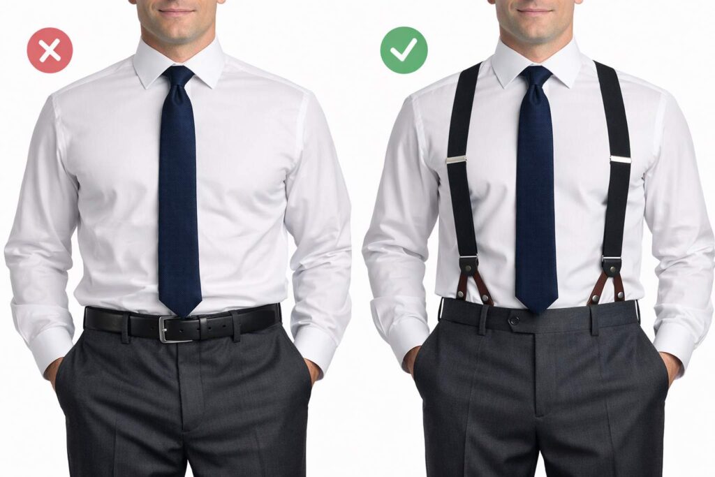 ساسبند چیست؟ آموزش استفاده صحیح از ساسبند (Suspender) 2 مقایسه ایستایی شلوار با ساسبند و کمربند در استایل رسمی