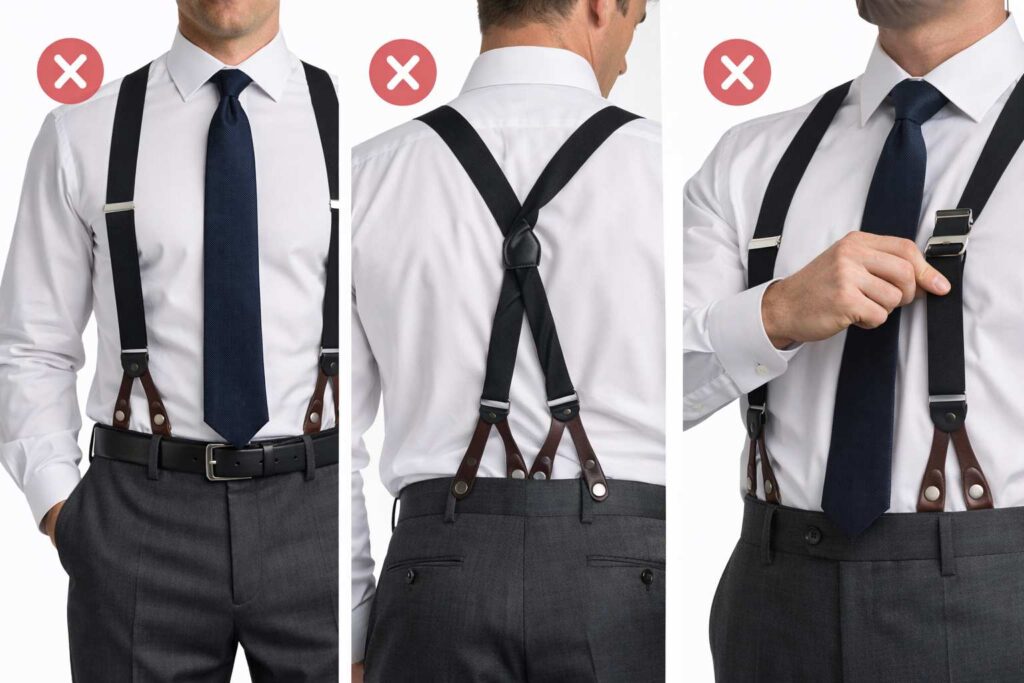 ساسبند چیست؟ آموزش استفاده صحیح از ساسبند (Suspender) 3 اشتباهات رایج در استفاده از ساسبند مانند استفاده همزمان با کمربند یا تنظیم بیش از حد سفت