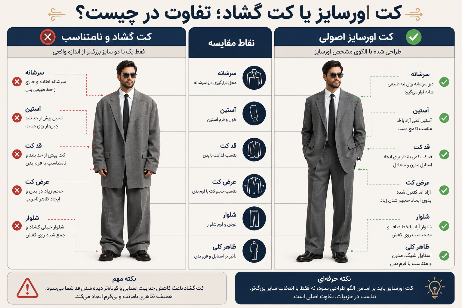 اینفوگرافیک تفاوت کت و شلوار اورسایز مردانه اصولی با کت شلوار گشاد و نامتناسب از نظر سرشانه، آستین، قد کت و عرض شلوار