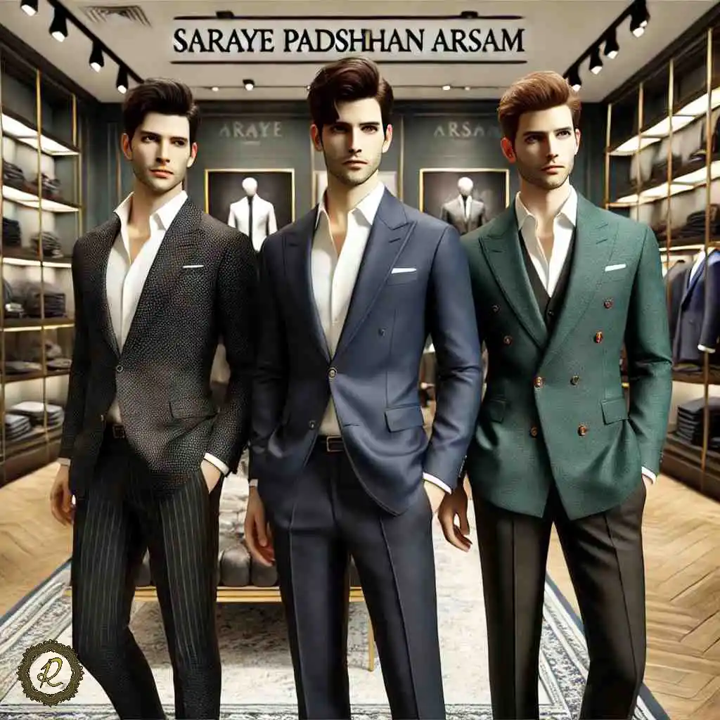 هفته مد انگلیس 2025 1 سه مدل مرد با کت شلوارهای برند و رنگهای متنوع در فضای لوکس