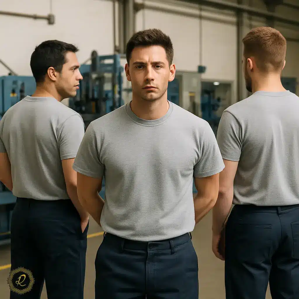 تیشرت کار ساده یا سفارشی؟ بررسی مزایا و معایب 1 کارکنانی با تیشرت کار ساده در محیط کارگاهی