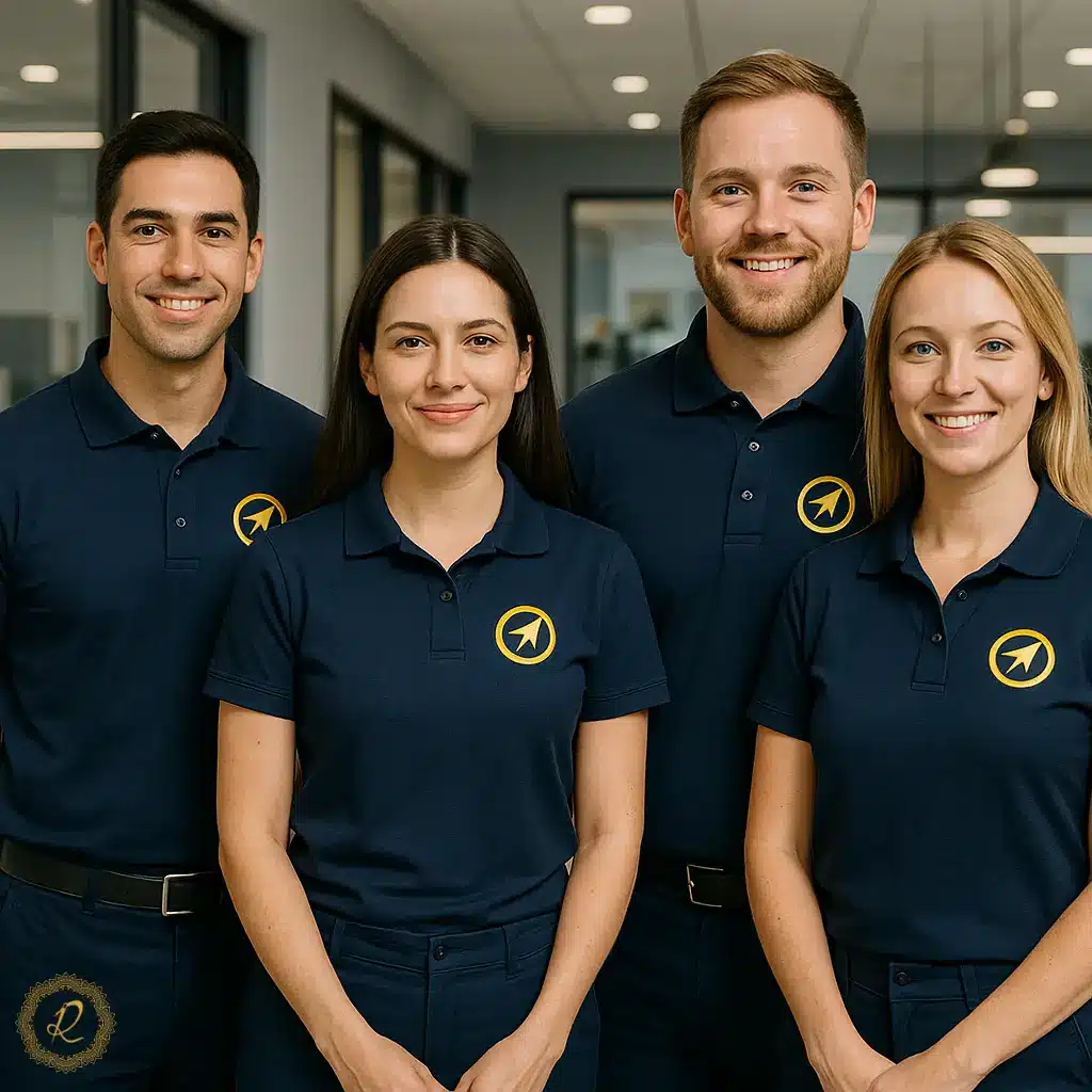 تیشرت کار ساده یا سفارشی؟ بررسی مزایا و معایب 2 گروهی از پرسنل شرکتی با تیشرت سفارشی دارای لوگو