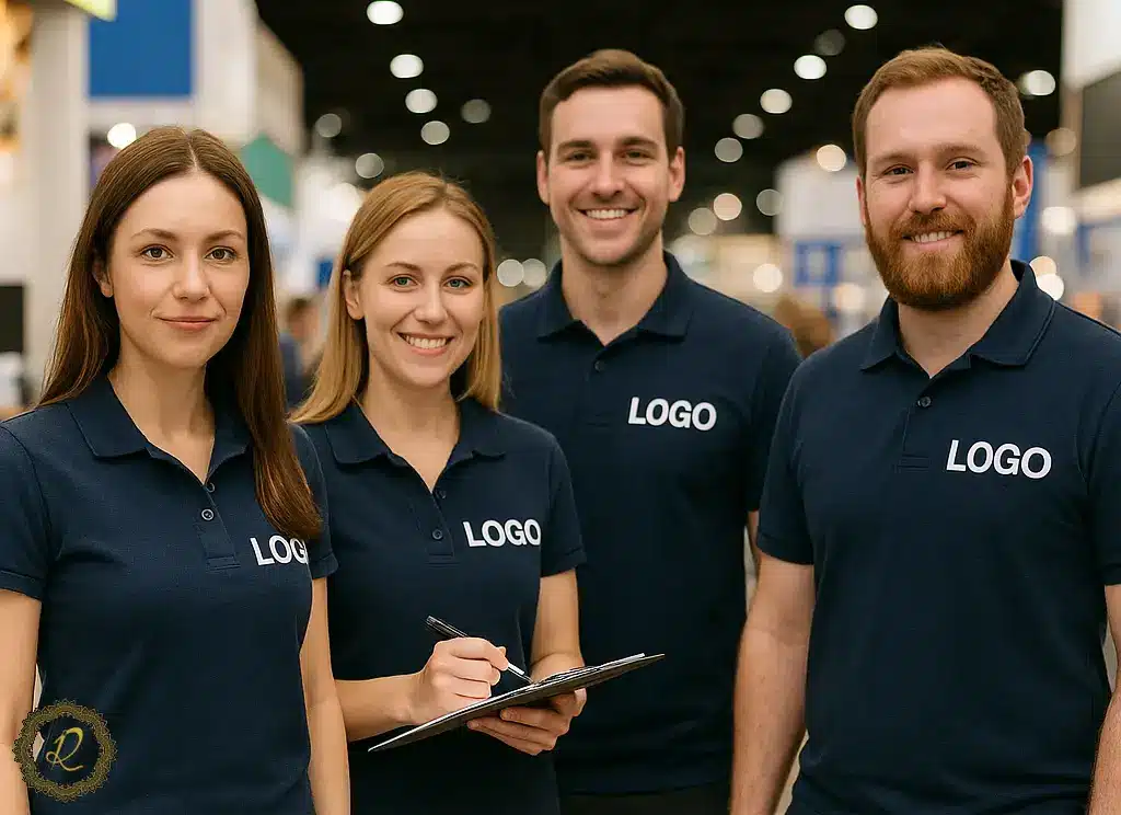 پرسنل در نمایشگاه با تیشرت‌های تبلیغاتی لوگودار