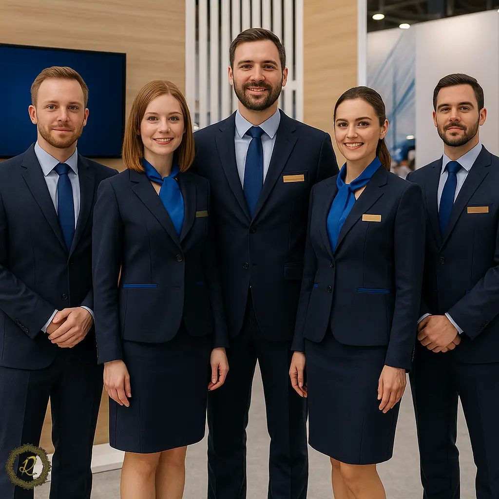 لباس فرم تبلیغاتی برای نمایشگاهها و ایونتها 3 تیم پرسنل یک برند در غرفه نمایشگاه با لباس فرم تبلیغاتی یکسان