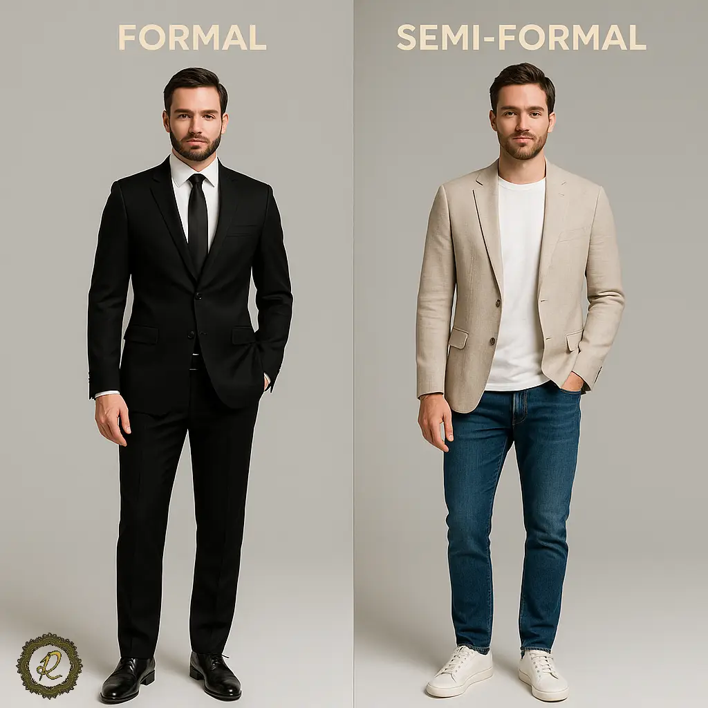 چطور استایل رسمی و نیمهرسمی را از هم تشخیص دهیم؟ 1 مقایسه استایل رسمی و نیمهرسمی با کت شلوار مشکی و بلیزر روشن