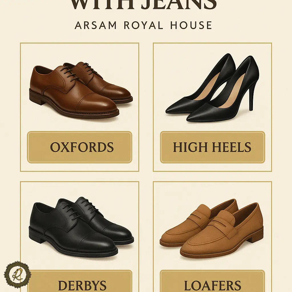 با شلوار جین چه کفشی بپوشیم؟ 1 ترکیب کفش چرمی رسمی با شلوار جین تیره برای استایل نیمهرسمی