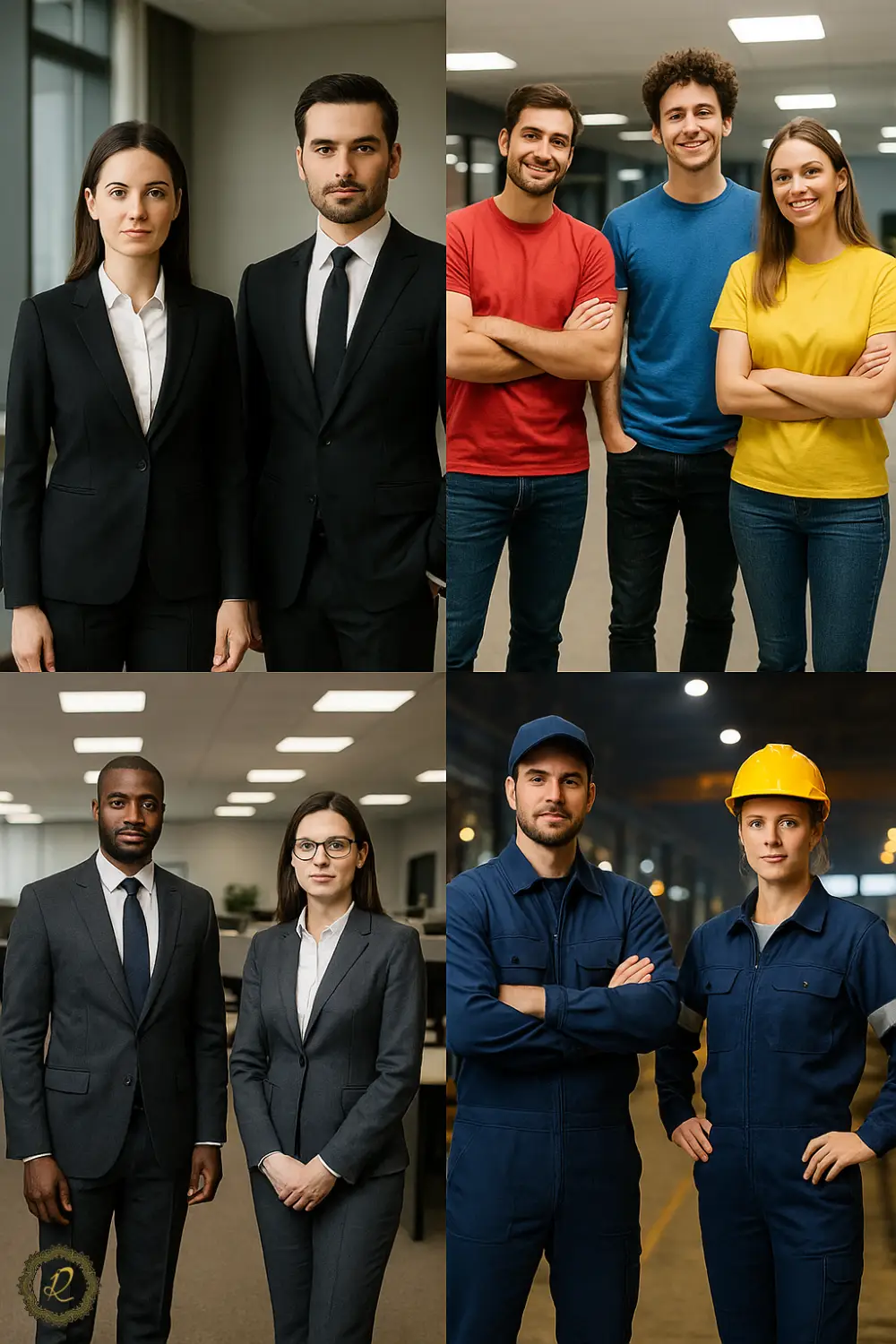 تأثیر فرهنگ سازمانی بر انتخاب کت و شلوار اداری 1 تصویر ترکیبی از استایلهای اداری؛ کتشلوار مشکی رسمی، تیشرت کار در استارتاپ، و لباس کار صنعتی