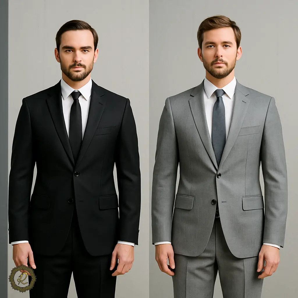 کت شلوار مشکی یا طوسی؟ راهنمای انتخاب برای مجالس رسمی 1 مقایسه کت شلوار مشکی و طوسی در یک قاب