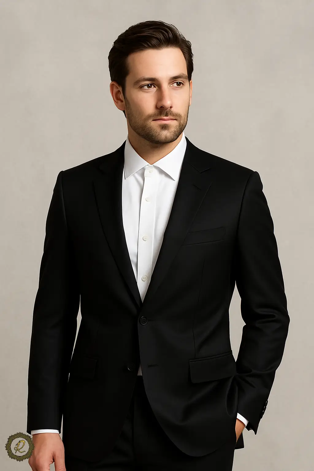 چطور از رنگهای خنثی در استایل استفاده کنیم؟ 1 کت شلوار مشکی رسمی با پیراهن سفید ساده