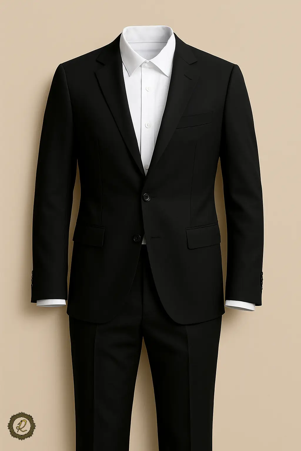 با لباس مشکی چه رنگی بپوشیم؟ ترکیبهای جذاب و شیک 1 کت شلوار مردانه مشکی با پیراهن سفید و کفش رسمی