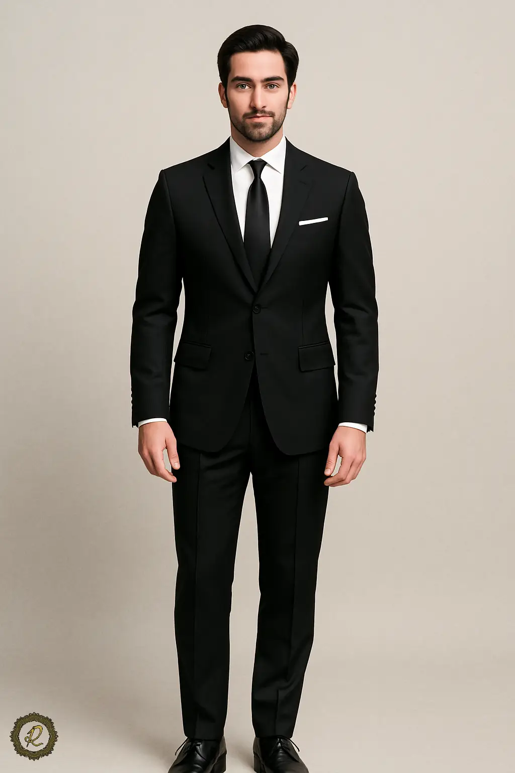 چطور استایل رسمی و نیمهرسمی را از هم تشخیص دهیم؟ 2 کت شلوار مردانه مشکی رسمی با کراوات و کفش چرمی