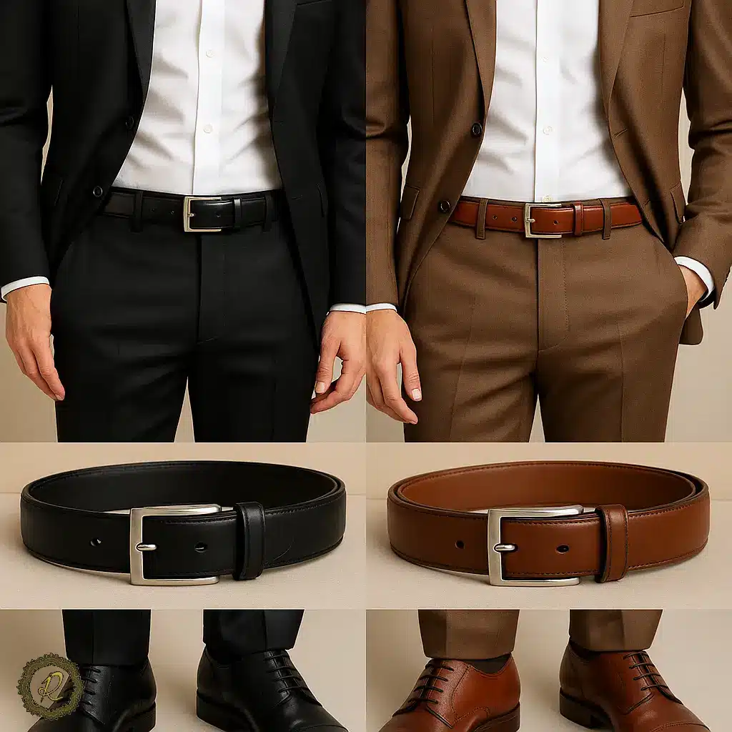 چگونه اکسسوری (ساعت، کمربند، کراوات) را درست انتخاب کنیم؟ 2 کمربند چرمی مشکی و قهوهای ستشده با کفش و کت شلوار مردانه