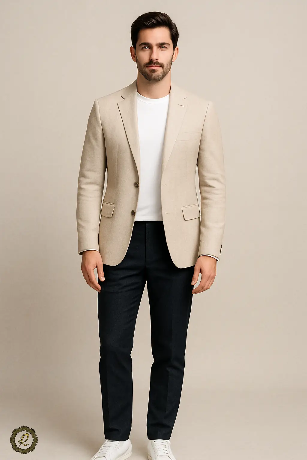 چطور استایل رسمی و نیمهرسمی را از هم تشخیص دهیم؟ 3 بلیزر روشن با تیشرت کار سفید و کتانی تمیز