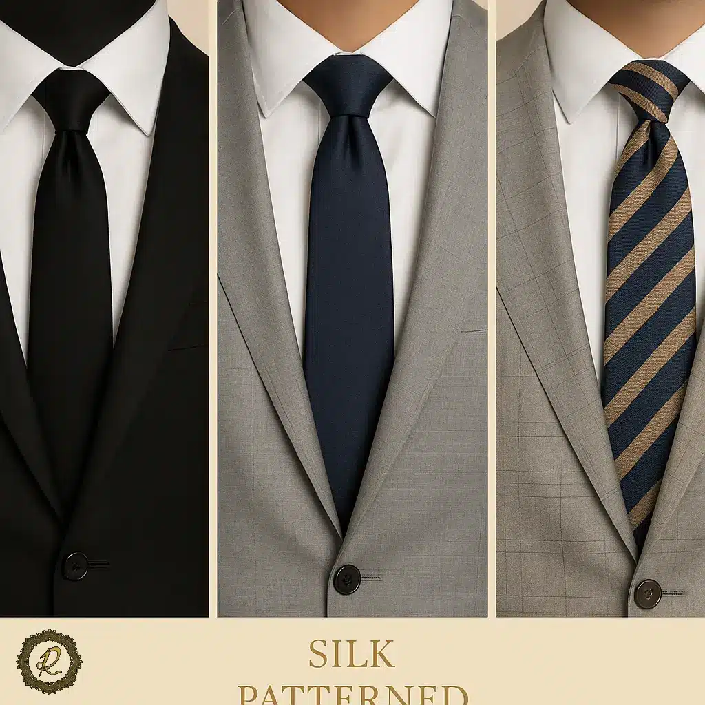 چگونه اکسسوری (ساعت، کمربند، کراوات) را درست انتخاب کنیم؟ 3 کراوات ساده، ابریشمی و طرحدار با کت شلوار مشکی و روشن