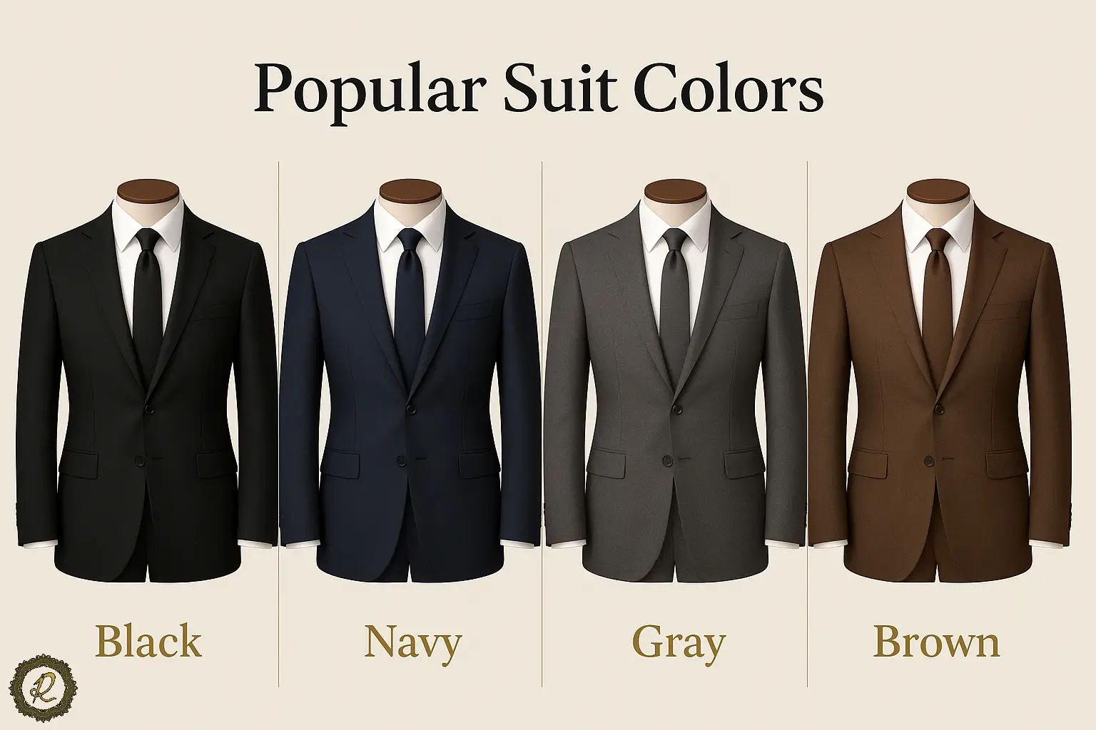 چگونه رنگ لباسها را ست کنیم؟ راهنمای کامل ست رنگ لباس 3 رنگهای پرطرفدار کت شلوار مردانه شامل سرمهای، طوسی، قهوهای و سبز زیتونی