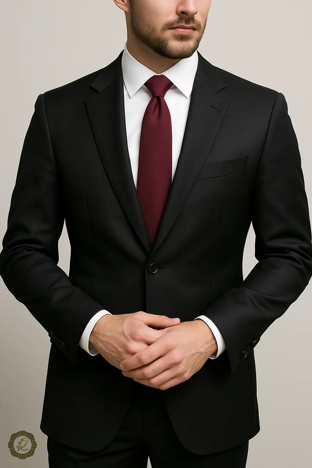 با لباس مشکی چه رنگی بپوشیم؟ ترکیبهای جذاب و شیک 2 کت شلوار مشکی مردانه همراه با کراوات شرابی