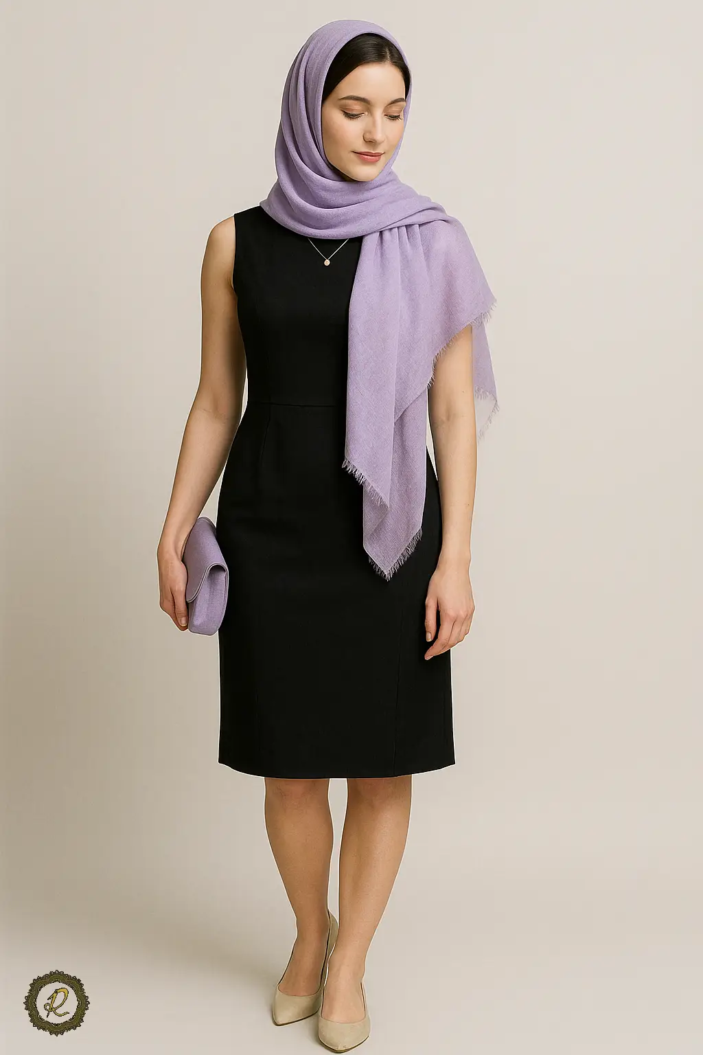 با لباس مشکی چه رنگی بپوشیم؟ ترکیبهای جذاب و شیک 4 لباس مشکی زنانه ست شده با شال یاسی و کفش نود