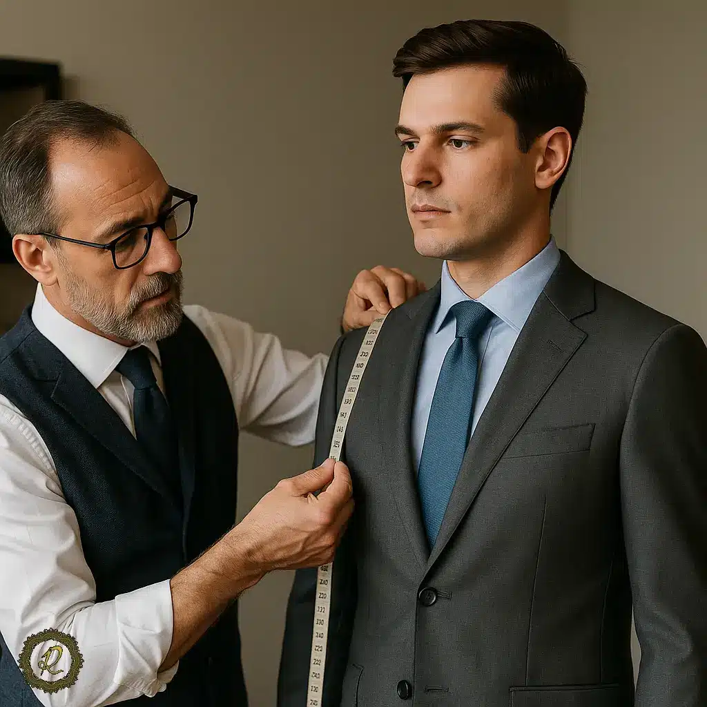 تأثیر فرهنگ سازمانی بر انتخاب کت و شلوار اداری 5 خیاط در حال اندازهگیری کتشلوار مردانه برای دوخت سازمانی