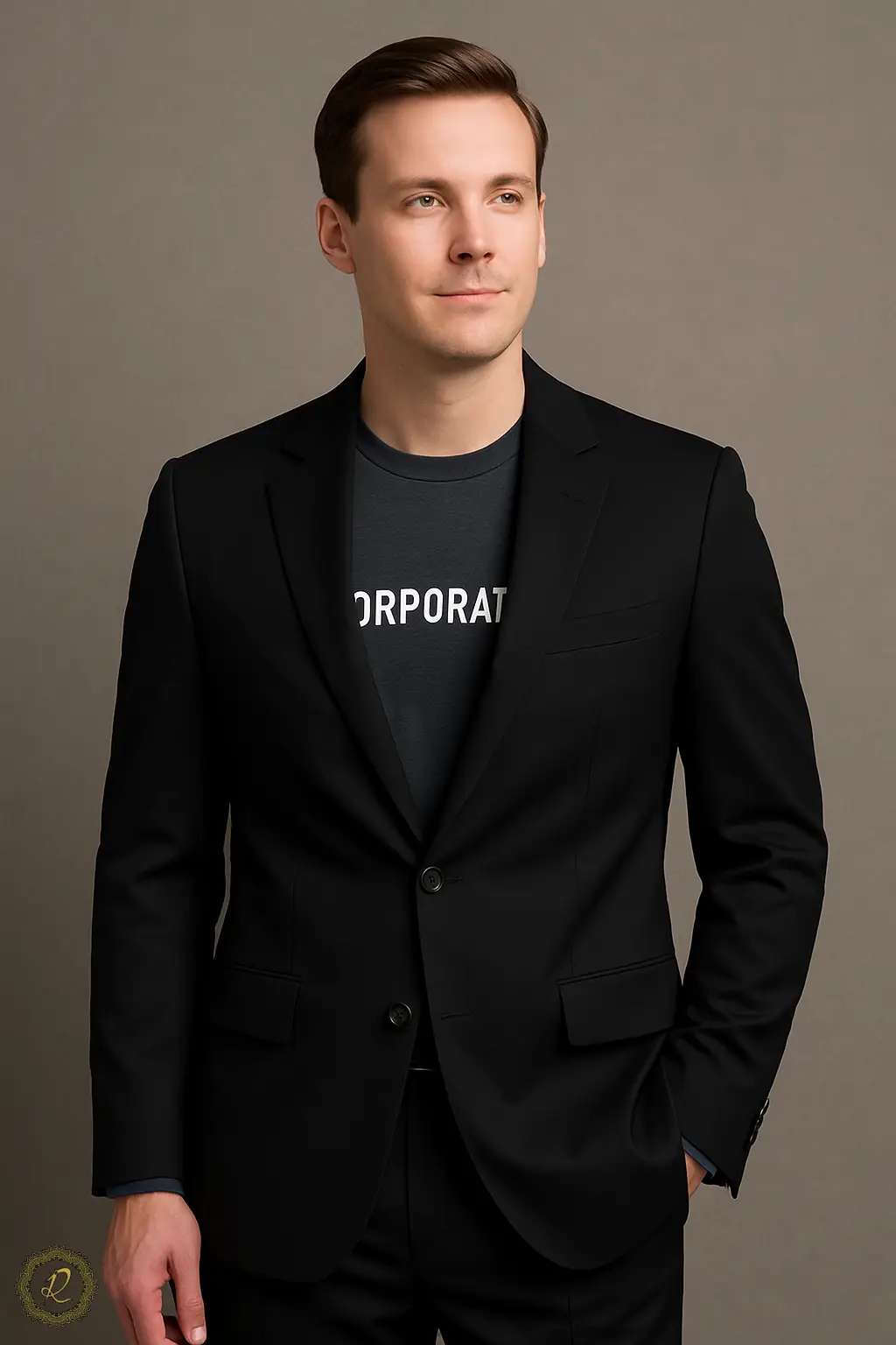 با لباس مشکی چه رنگی بپوشیم؟ ترکیبهای جذاب و شیک 5 کت شلوارکار مشکی همراه با تیشرت کار رنگ سازمانی