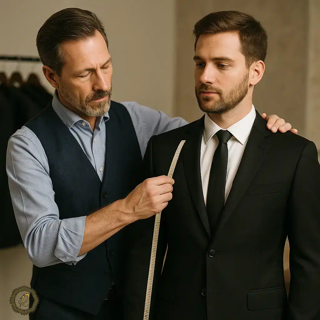 چطور استایل رسمی و نیمهرسمی را از هم تشخیص دهیم؟ 4 خیاط در حال شخصی دوزی کت شلوار مردانه