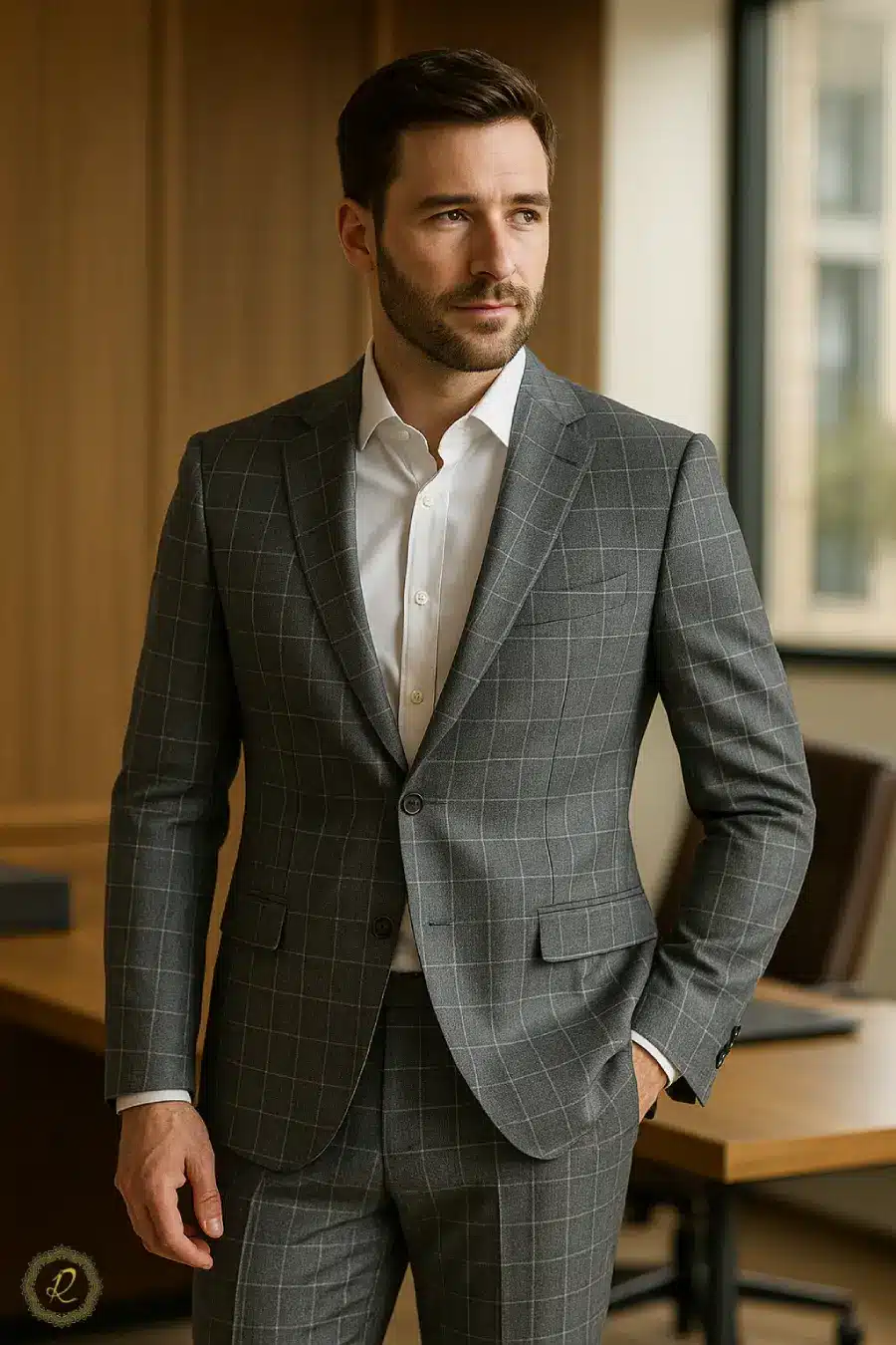 مجله لباس و تشریفات 10 مردی با کت شلوار چهارخانه طوسی و پیراهن سفید در یک فضای اداری لوکس